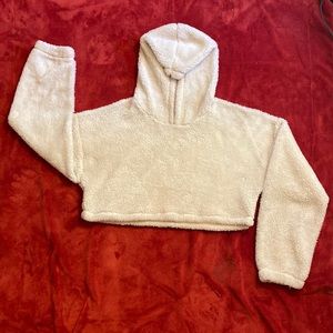 White Fuzzy Long Sleeve Hooded Crop Top- Medium